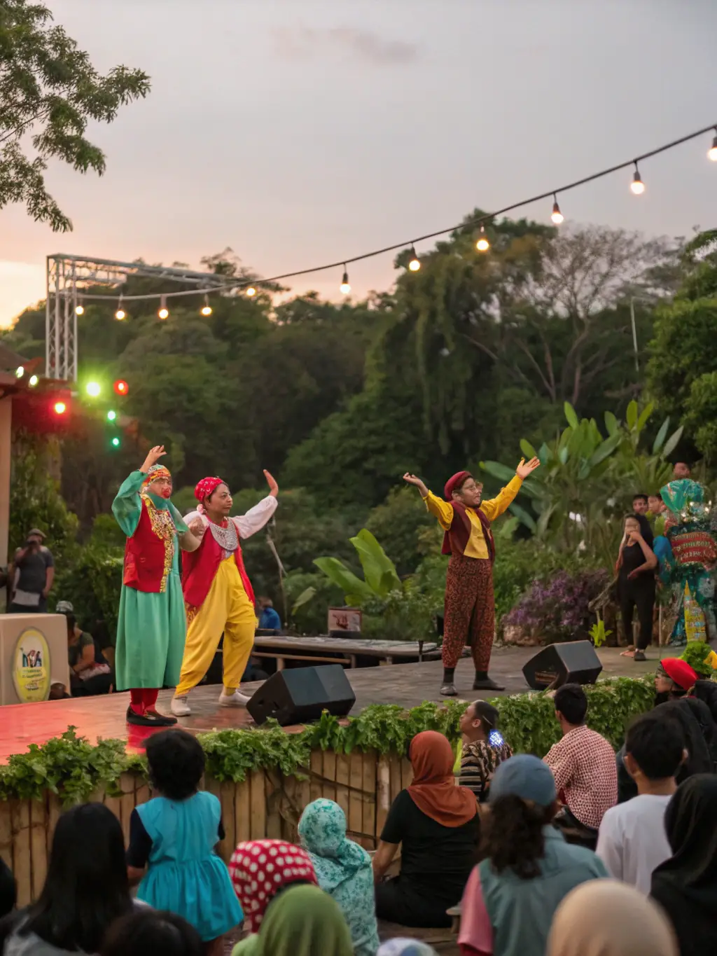 A vibrant photograph capturing a local theater group performing a play outdoors during a summer festival in Miremont. The image should convey excitement and community engagement.