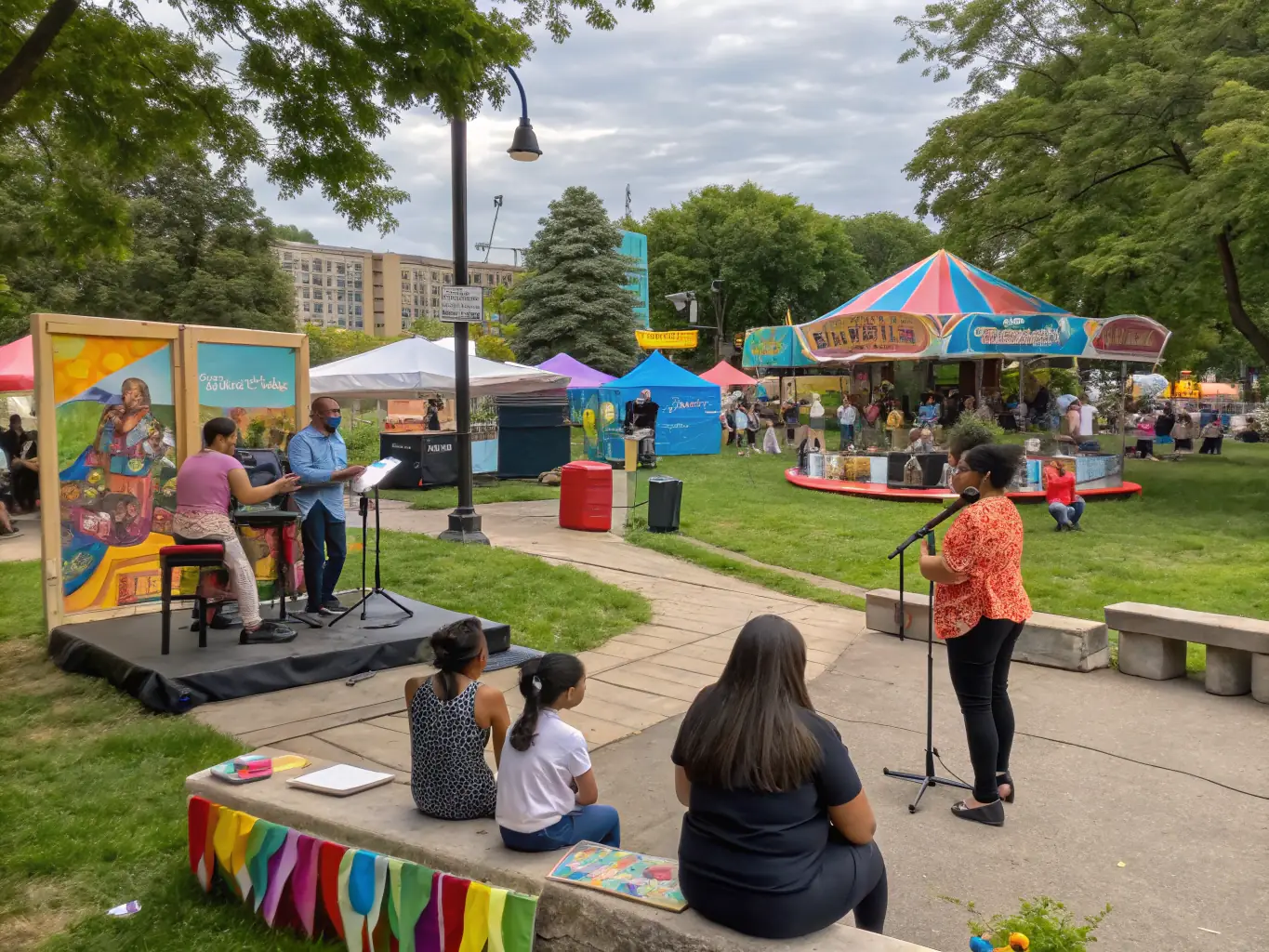 A captivating image of a community festival showcasing various cultural displays and activities, with people of different backgrounds interacting and celebrating together, reflecting the inclusive environment fostered by AMC ASSOC MIREMONT CULTURE.