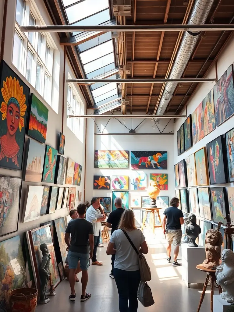 A high-quality image of an art exhibition showcasing local artists' paintings and sculptures in the ESPACE CULTUREL MIREMENT gallery.