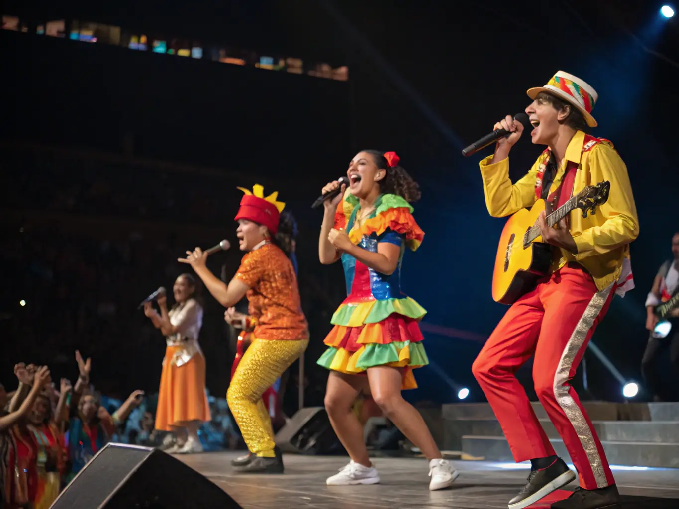 A dynamic image of a cultural performance featuring local artists on stage, with an enthusiastic audience enjoying the show, highlighting the vibrant cultural scene promoted by AMC ASSOC MIREMONT CULTURE.