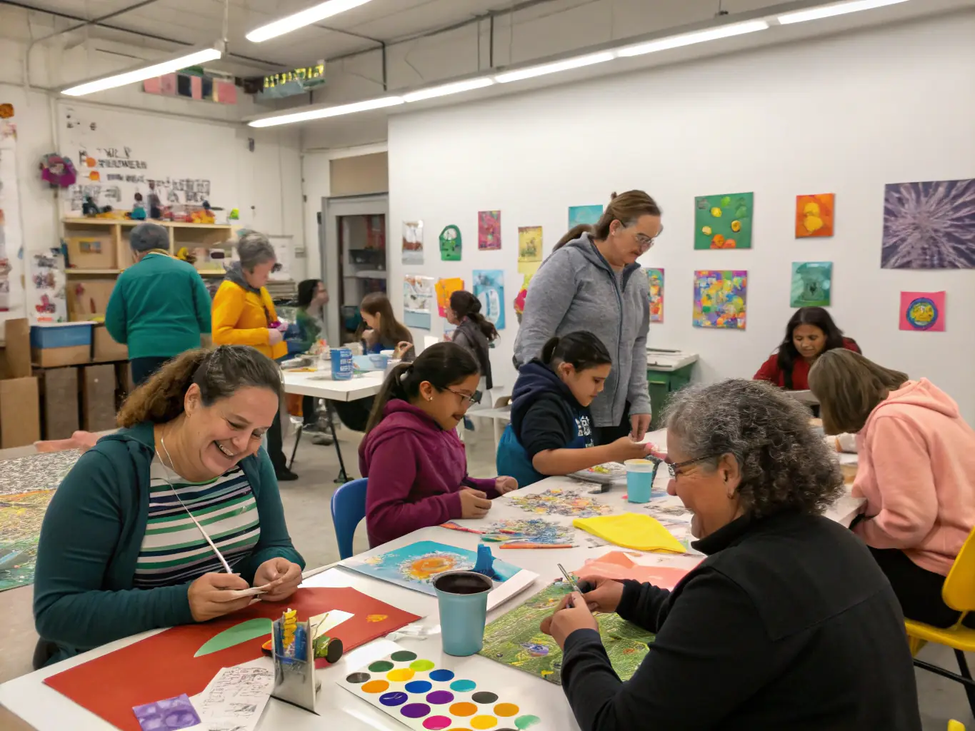 A vibrant photograph capturing a community art workshop in progress, with participants of all ages engaged in painting and creative expression, showcasing the inclusive and participatory nature of AMC ASSOC MIREMONT CULTURE's programs.
