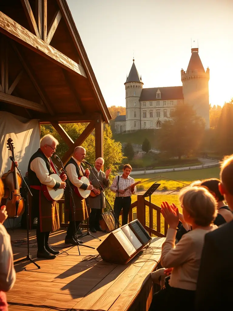 A photograph of a traditional French music ensemble performing at a community concert in Miremont, showcasing local musical heritage.