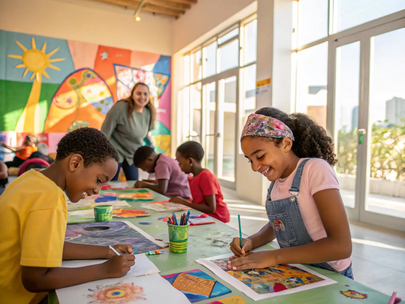 A vibrant photograph capturing a community arts workshop in progress, with participants of all ages engaged in a creative activity, showcasing the hands-on learning experience provided by AMC ASSOC MIREMONT CULTURE.